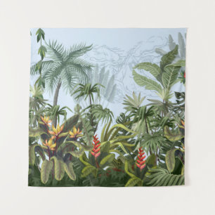 Seamless border with jungle trees and flowers. Vin Tapestry