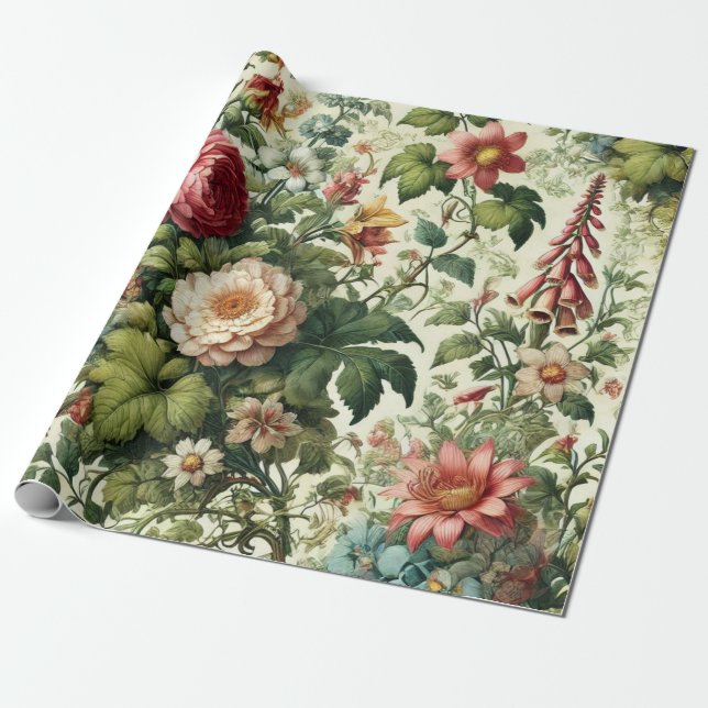 Seamless Botanical Floral Pattern Wrapping Paper (Unrolled)