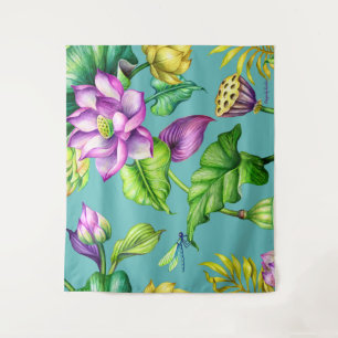 Seamless Botanical Pattern Pink & Yellow Lotus Tapestry