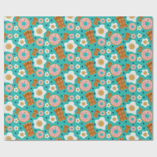 Seamless Breakfast Characters Blue Pastel Wrapping Paper