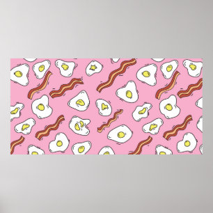 Seamless breakfast pattern with fried eggs and bac poster