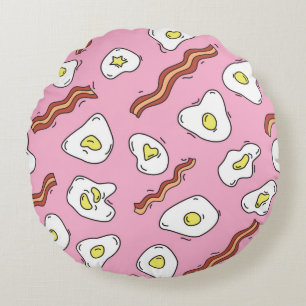 Seamless breakfast pattern with fried eggs and bac round cushion