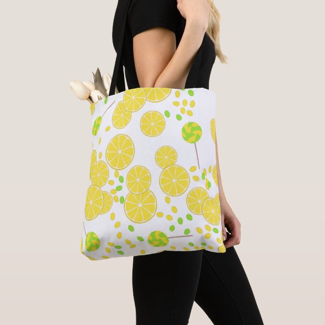 Seamless bright lemon slices candy lollipops sweet tote bag (Close Up)