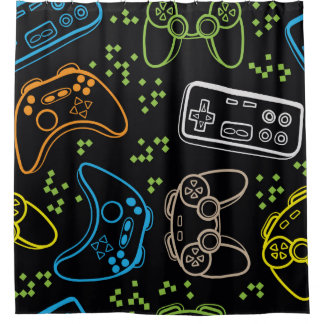 Seamless bright pattern with joysticks. gaming coo shower curtain