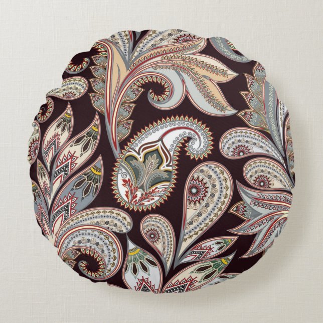 Seamless bright pattern with ornate paisley round cushion (Front)