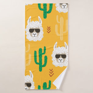 Seamless cartoon llama and cactus pattern in brigh bath towel