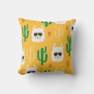 Seamless cartoon llama and cactus pattern in brigh cushion