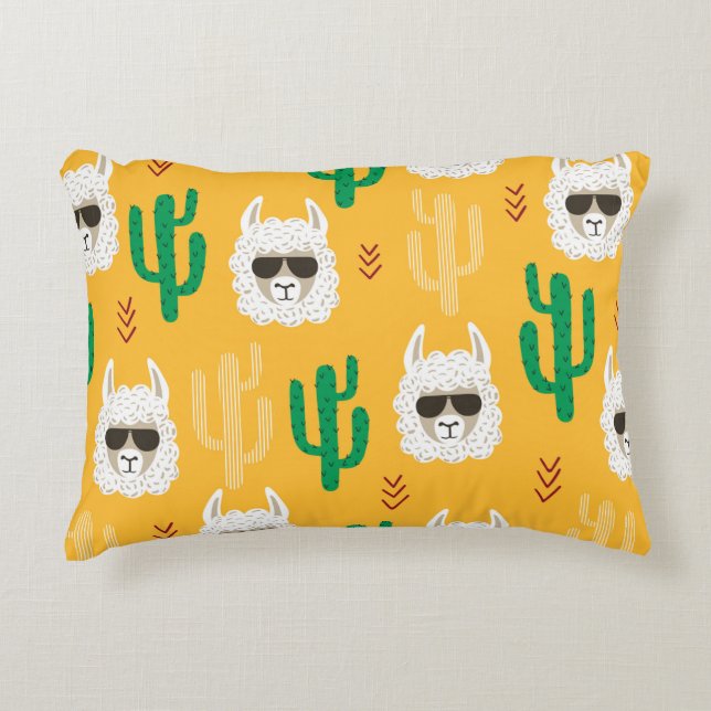 Seamless cartoon llama and cactus pattern in brigh decorative cushion (Front)