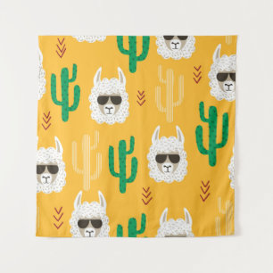Seamless cartoon llama and cactus pattern in brigh tapestry