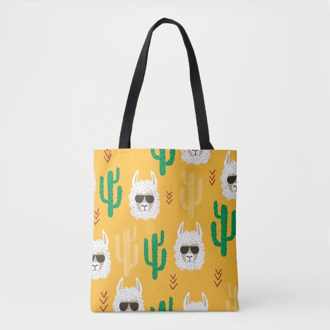 Seamless cartoon llama and cactus pattern in brigh tote bag (Front)
