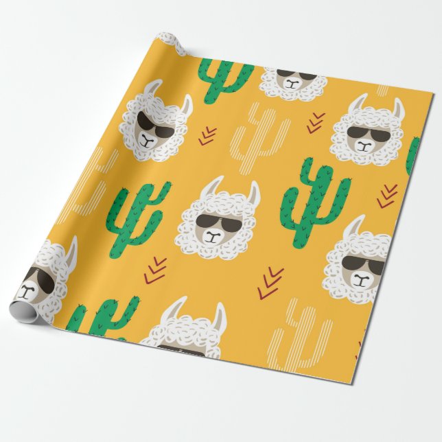 Seamless cartoon llama and cactus pattern in brigh wrapping paper (Unrolled)