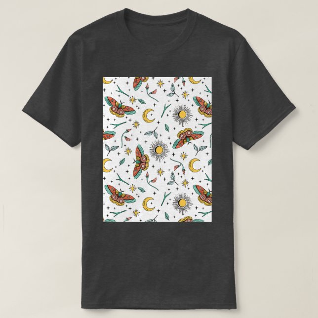 Seamless Celestial Pattern Celestial Moth Pattern  T-Shirt (Design Front)