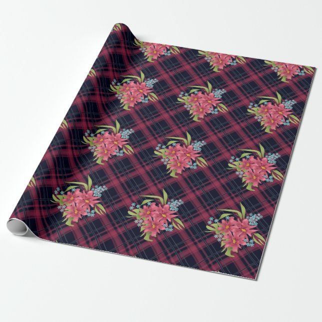 Seamless chequered plaid tartan black red flowers wrapping paper (Unrolled)