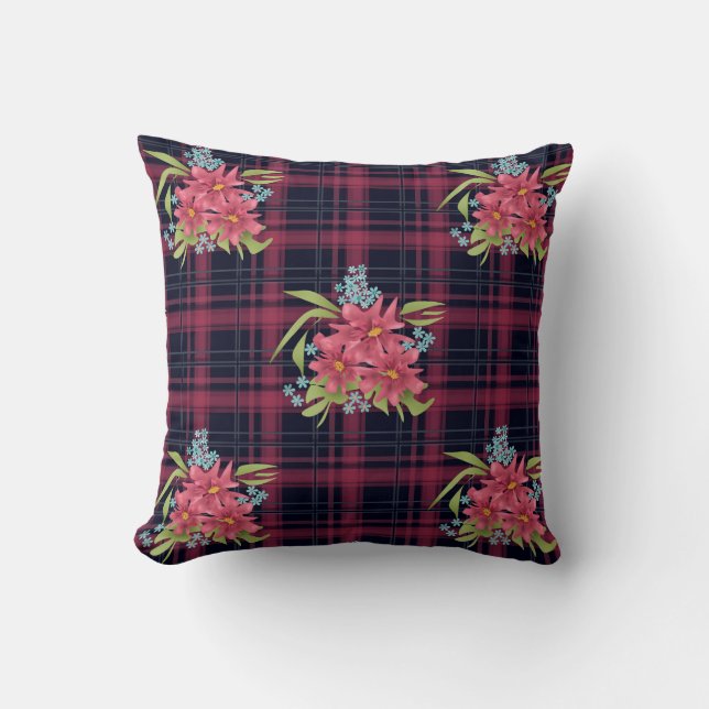 Seamless chequered plaid tartan flowers floral bla cushion (Front)