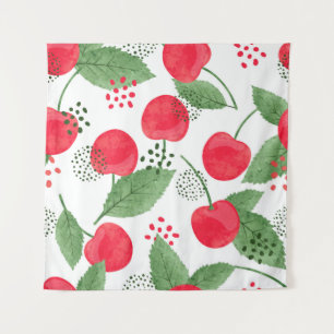 Seamless cherry pattern. Vintage watercolor illust Tapestry
