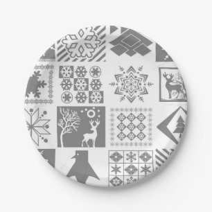 Seamless Christmas patchwork snowflake snow deer t Paper Plate