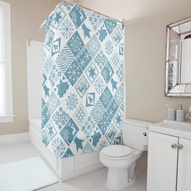 Seamless Christmas patchwork snowflake snow deer t Shower Curtain (In Situ)