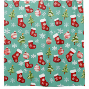 Seamless Christmas Pattern. Socks, Trees, Bauble,  Shower Curtain
