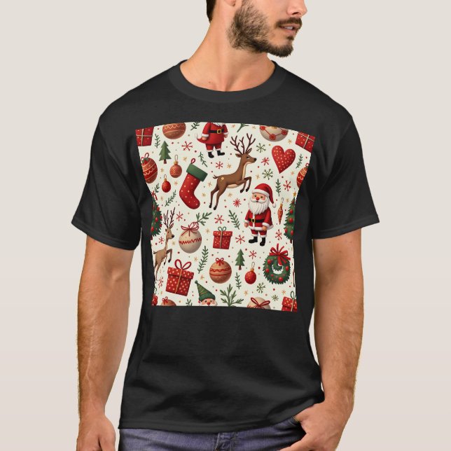 Seamless Christmas Pattern With Cartoon Santa Rein T-Shirt (Front)