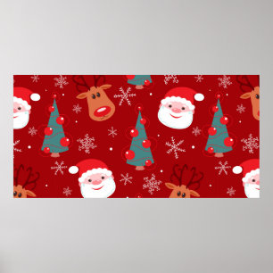 Seamless christmas pattern with reindeer santa tre poster