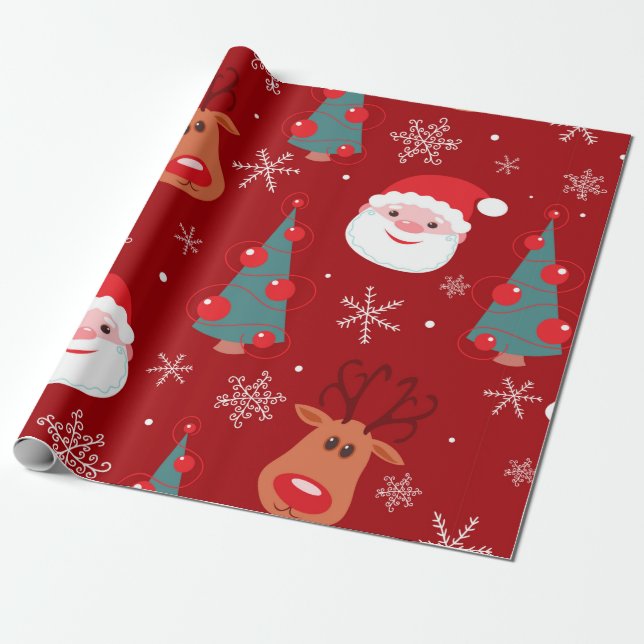 Seamless christmas pattern with reindeer santa tre wrapping paper (Unrolled)