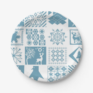 Seamless Christmas winter patchwork snowflakes pin Paper Plate