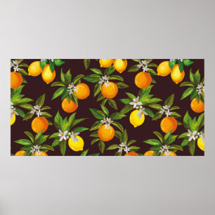 Seamless citrus pattern. Hand drawn vintage illust Poster