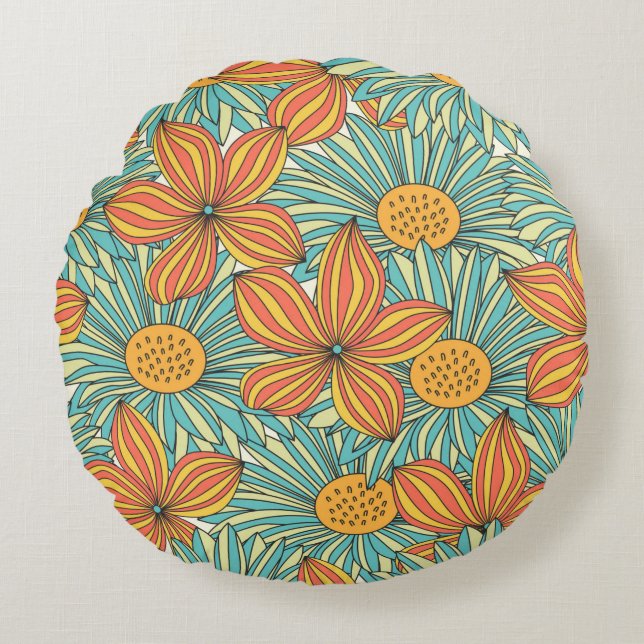Seamless colorful floral pattern design round cushion (Front)
