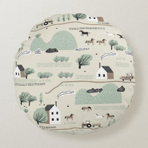 Seamless colorful pattern with house, trees, horse round cushion