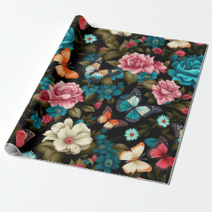 Seamless Colourful Butterfly and Floral Wrapping Paper