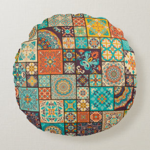 Seamless colourful patchwork tile with Islam, Arab Round Cushion