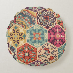 Seamless colourful patchwork tile with Islam, Arab Round Cushion