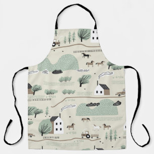 Seamless colourful pattern with house, trees, hors apron