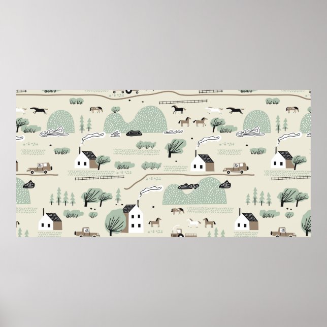 Seamless colourful pattern with house, trees, hors poster (Front)