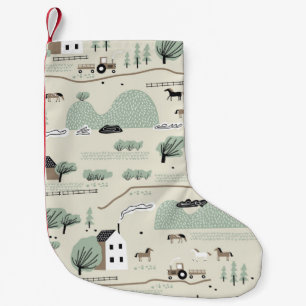 Seamless colourful pattern with house, trees, hors small christmas stocking