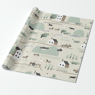 Seamless colourful pattern with house, trees, hors wrapping paper