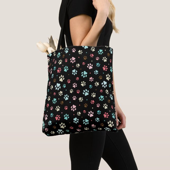 Seamless Colourful Small Dog Paws Black  Tote Bag (Close Up)