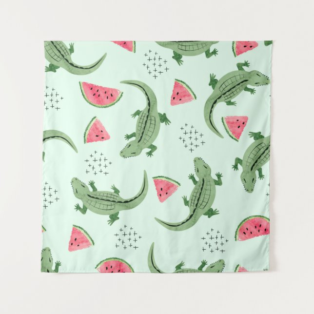 Seamless crocodile pattern with watermelon slices. tapestry (Front)