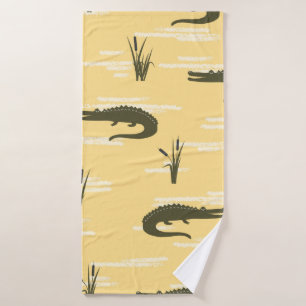 Seamless crocodiles pattern. Vintage yellow backgr Bath Towel