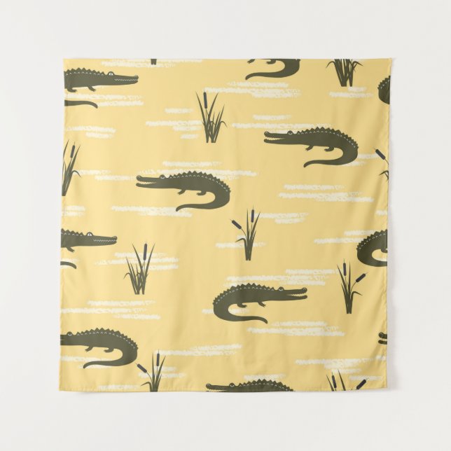 Seamless crocodiles pattern. Vintage yellow backgr Tapestry (Front)