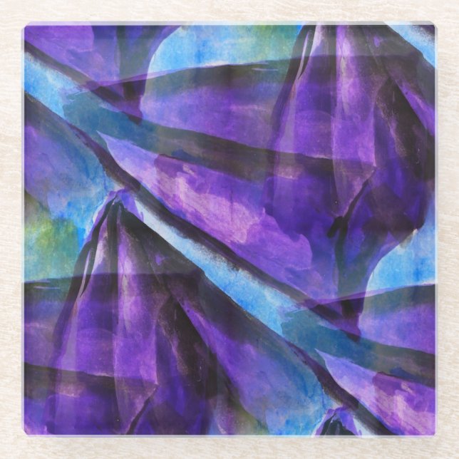 seamless cubism purple, blue abstract art glass coaster (Front)