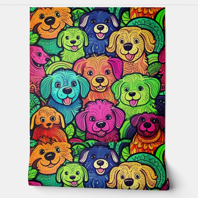 Seamless Cute Cartoon Dog Pattern Colourful  Wallpaper (Unrolling)