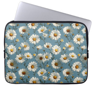 Seamless Daisy Flower Pattern on Blue Laptop Sleeve