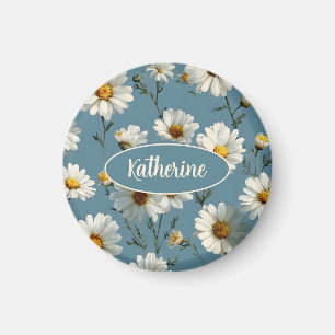 Seamless Daisy Flower Pattern on Blue Magnet