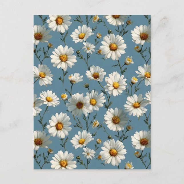 Seamless Daisy Flower Pattern on Blue Postcard (Front)