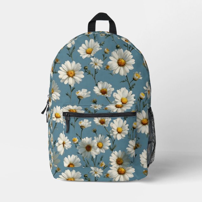 Seamless Daisy Flower Pattern on Blue Printed Backpack (Front)