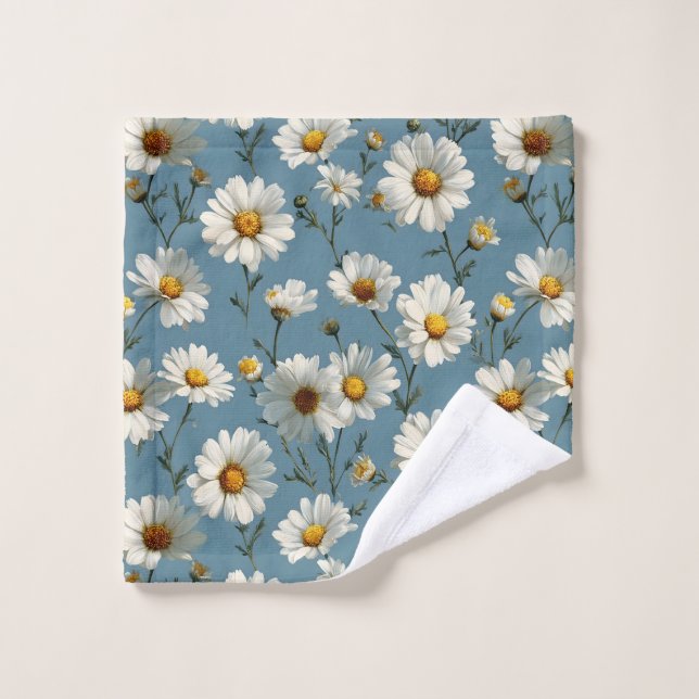 Seamless Daisy Flower Pattern on Blue Wash Cloth (Wash Cloth)
