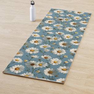 Seamless Daisy Flower Pattern on Blue Yoga Mat
