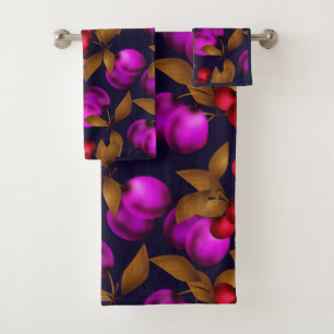 Seamless dark plum fruits purple berries cherry pa bath towel set