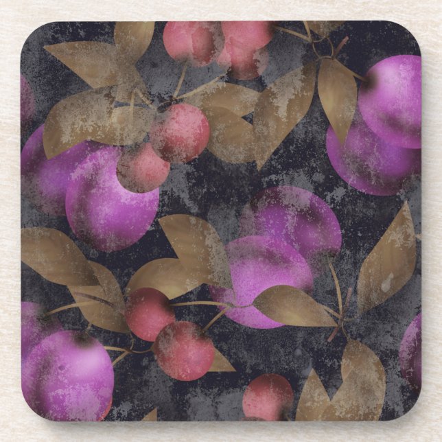 Seamless dark plum fruits purple berries cherry pa coaster (Front)